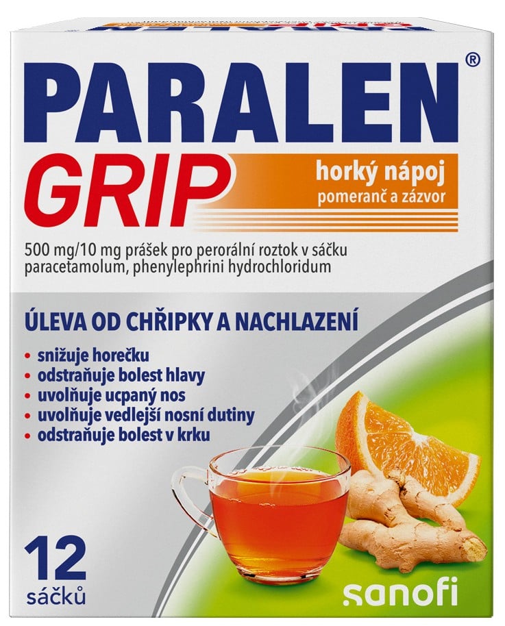 PARALEN GRIP HORKÝ NÁPOJ POMERANČ A ZÁZVOR 500MG/10MG Prášek pro perorální roztok v sáčku 12