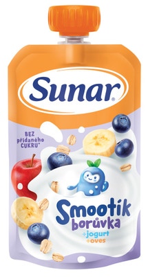 Sunar Smootík dětská kapsička borůvka, jogurt, ovesné vločky, 12 m+