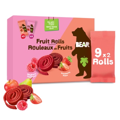 Bear Fruit Rolls jahoda a malina ovocné rolované plátky, 9x 20 g