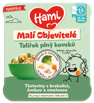 Hami Malí Objevitelé, těstoviny s brokolicí, šunkou a smetanou