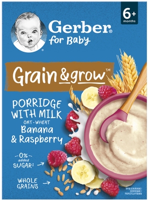 Gerber Natural mléčná kaše pšenično-ovesná malina a banán