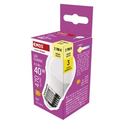 Emos LED žárovka Classic Mini Globe / E27 / 4,2 W (40 W) / 470 lm / teplá bílá