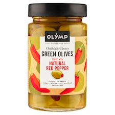 Olymp Zelené olivy plněné červenou paprikou ve slaném nálevu 320g
