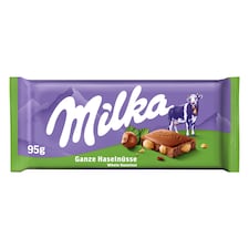 Milka Wholenut mléčná čokoláda z alpského mléka s celými jádry lískových ořechů 95 g