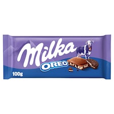 Milka Oreo mléčná čokoláda z alpského mléka s kakaovými sušenkami a vanilkovou krémovou náplní 100 g