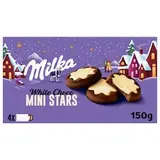 Milka White Choco Mini Stars sušenky kakaové s mléčnou náplní polomáčené bílou čokoládou 150 g