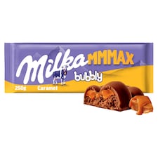 Milka Bubbly Caramel mléčná čokoláda z alpského mléka s karamelem a porézní čokoládou 250 g