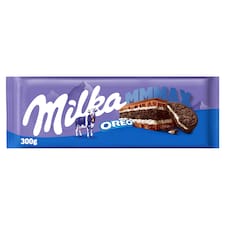 Milka Oreo mléčná čokoláda z alpského mléka s kakaovou sušenkou a vanilkovou mléčnou náplní 300 g