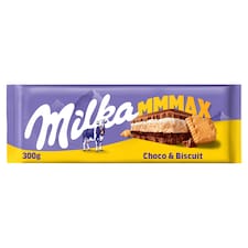 Milka Choco Biscuit mléčná čokoláda z alpského mléka se sušenkou, kakaovým a mléčným krémem 300 g