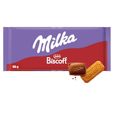 Milka Biscoff mléčná čokoláda z alpského mléka s kousky karamelizovaných sušenek Biscoff 90 g
