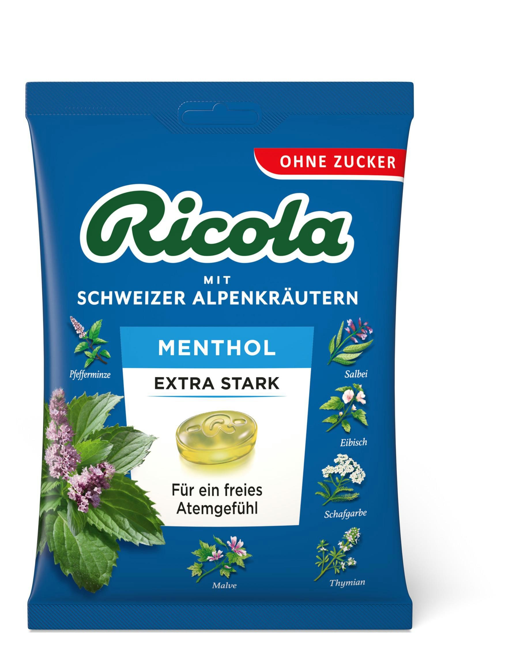 Ricola Mentol Extra silný Švýcarské bylinné bonbóny bez cukru75g
