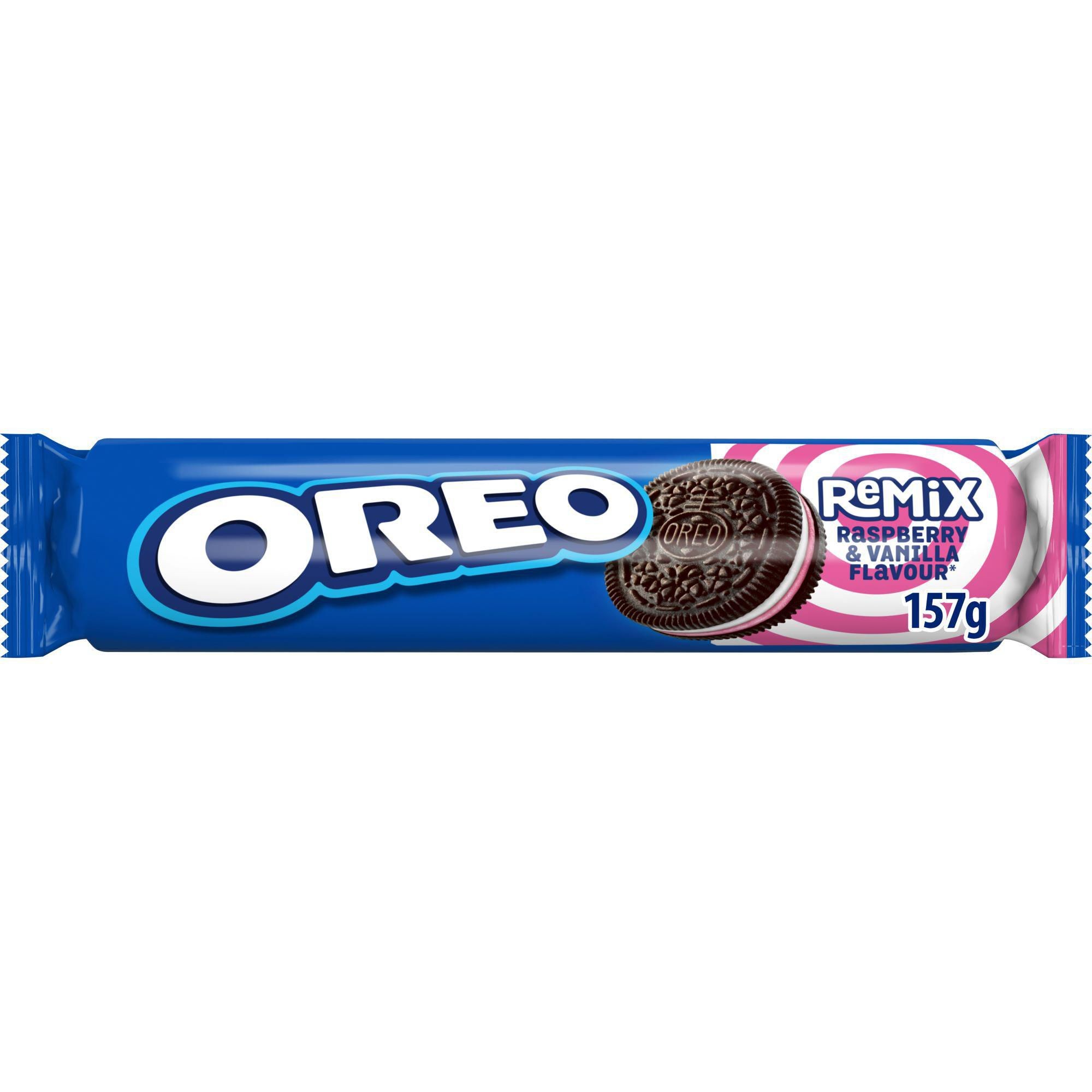 Oreo sušenky kakaové Remix s náplní s vanilkovou příchutí a malinovou příchutí 157g