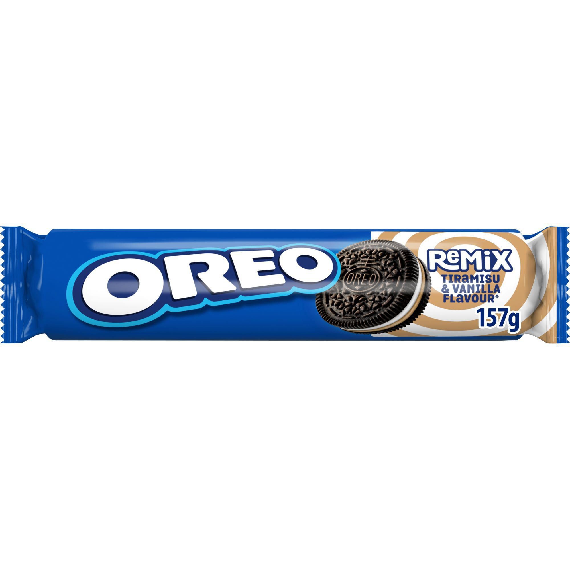 Oreo sušenky kakaové Remix s náplní s vanilkovou příchutí a tiramisu příchutí 157g