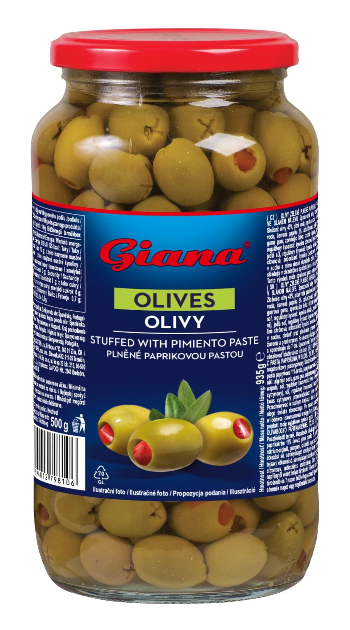 Giana Zelené olivy plněné paprikovou pastou 935g