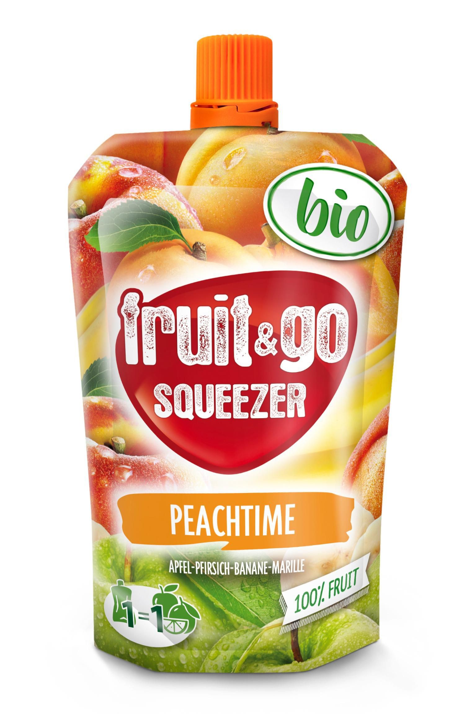 BIO fruit & go Peachtime jablko-banán-broskev-meruňka 100g