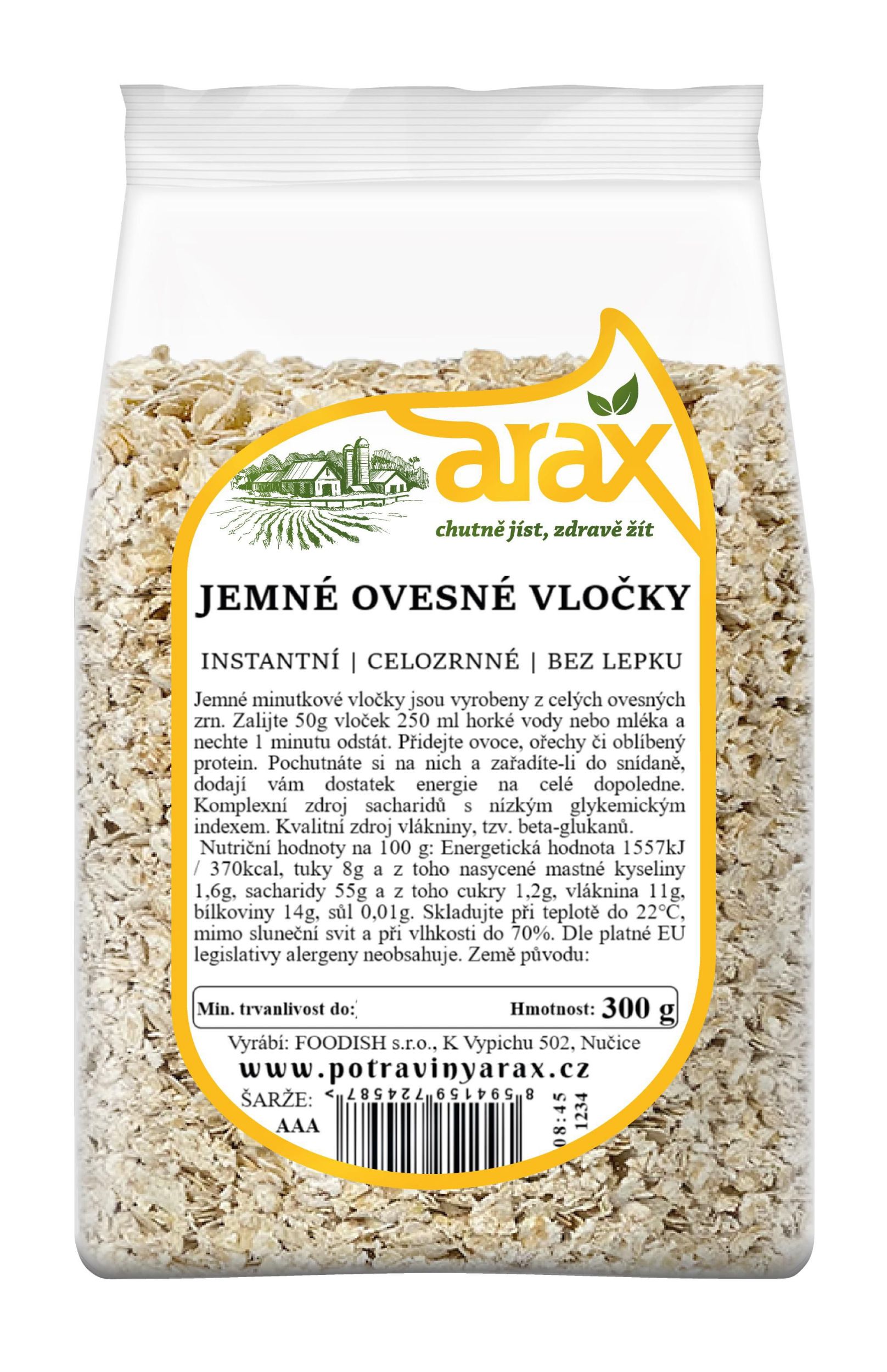 ARAX Ovesné vločky bezlepkové jemné, celozrnné instantní 300g