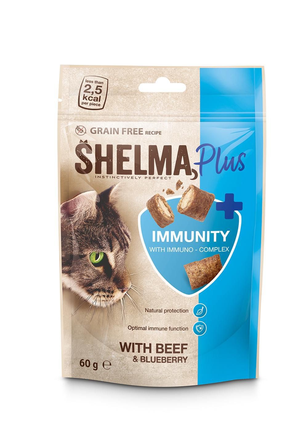 Shelma Immunity bezobilné polštářky pro kočky s hovězím a borůvkami 60g