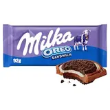 Milka Oreo Sandwich mléčná čokoláda z alpského mléka s kakaovými sušenkami a mléčnou náplní 92 g