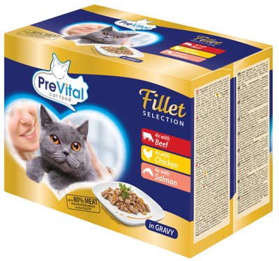 PreVital Dušené filetky hovězí, kuřecí a losos v omáčce 12x85g