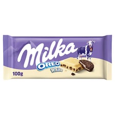 Milka Oreo White bílá čokoláda z alpského mléka s kousky kakaových sušenek a vanilkovou náplní 100 g