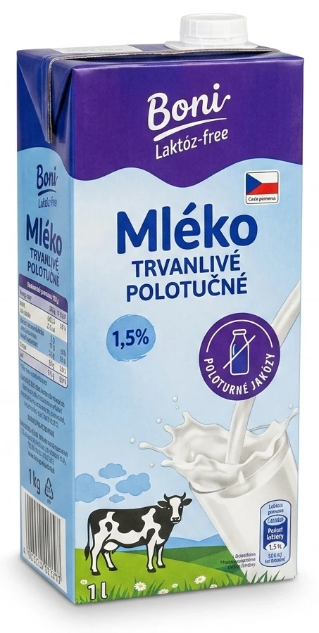 Trvanlivé polotučné mléko bez laktózy 1,5% Boni