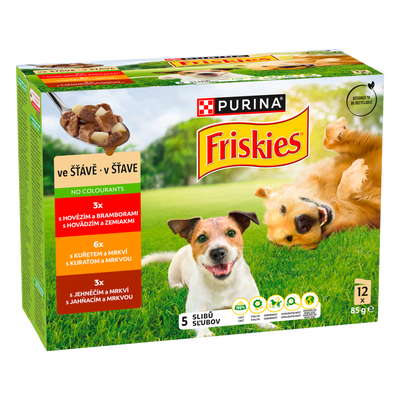 Friskies Adult kapsičky pro psy hovězí, kuře, jehněčí ve šťávě 12x85g