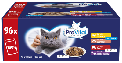 PreVital kapsičky pro kočky, maso, losos omáčka, želé 96x100g