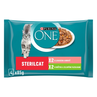 Purina ONE Sterilcat Mini filetky s krůtím a zelenými fazolkami/s lososem a mrkví 4x85g
