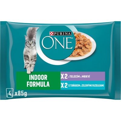 Purina ONE Indoor kapsičky pro kočky tuňák, telecí ve šťávě 4x85g