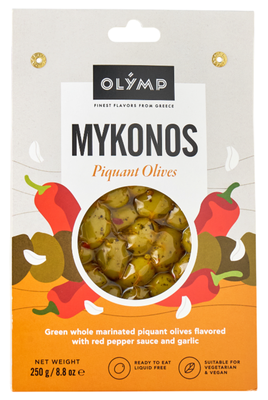 Olymp Pikantní zelené olivy s chilli paprikou a česnekem vakuované