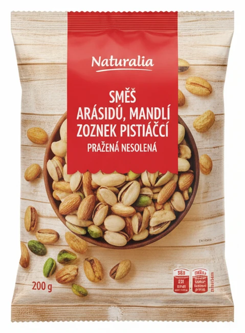 Směs arašídů, mandlí a pistácií Naturalia pražená nesolená