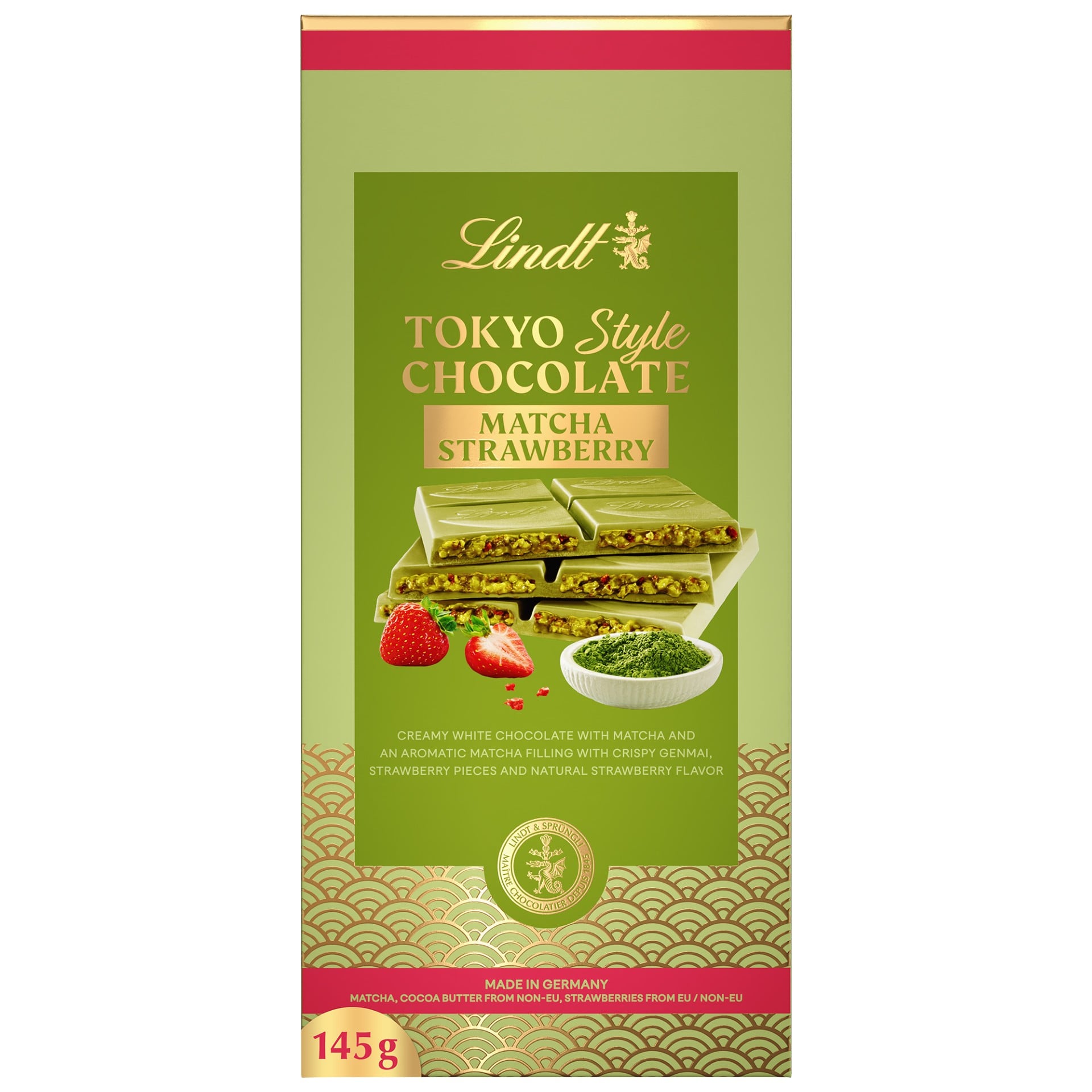 Lindt Čokoláda Tokyo Style Bílá čokoláda s Matchou a jahodovými kousky