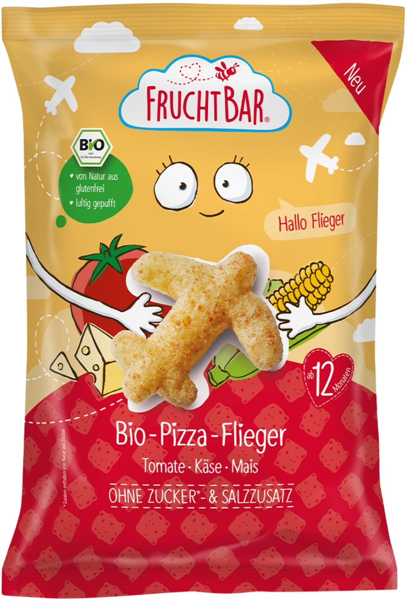 FruchtBar BIO Kukuřičné křupky s rajčetem, mrkví a sýrem letadla
