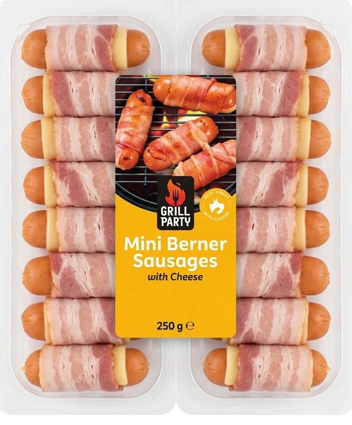 Grill Party Mini Berner párečky se sýrem obalené slaninou