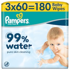 Pampers 99 % Vody Dětské Čisticí Ubrousky 3 Balení 60 Ubrousků = 180 Dětských Čisticích Ubrousků
