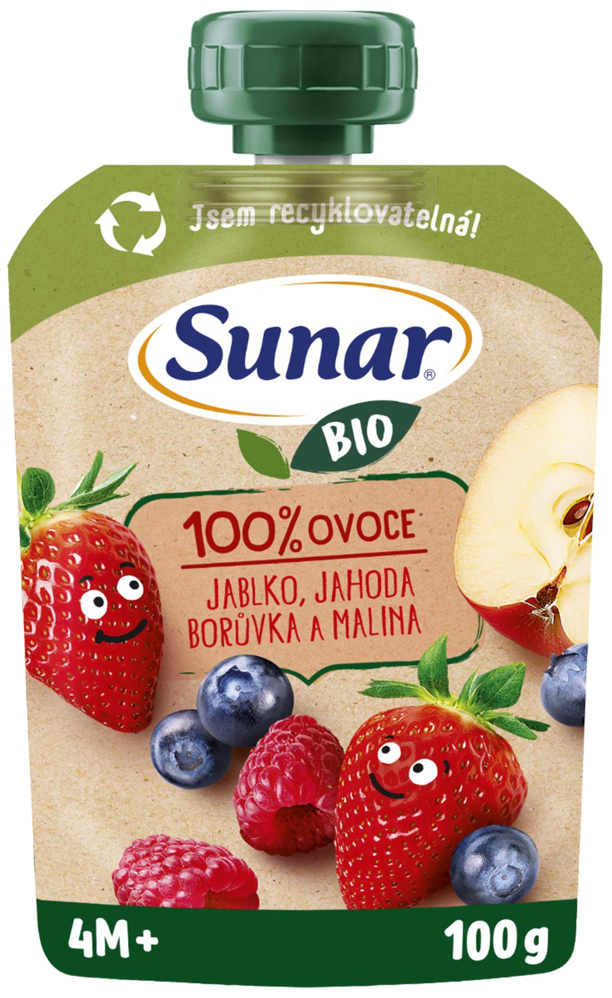 Sunar BIO ovocná kapsička Jablko jahoda borůvka malina 4m+, 100g