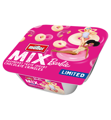 Müller Barbie Jogurt s malinovou příchutí s cereálními kroužky