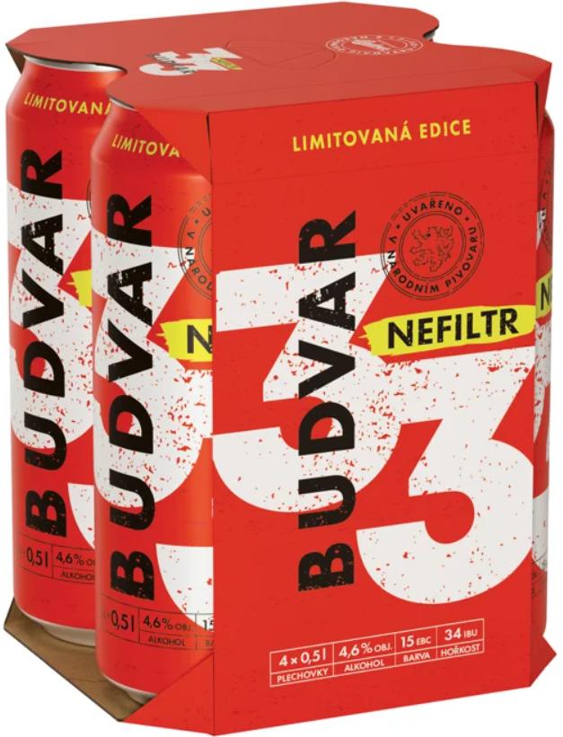 Budvar 33 Světlý ležák nefiltr 4×0,5 l plech