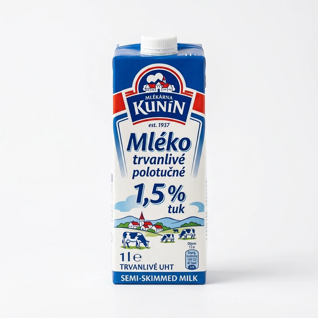 MLÉKÁRNA KUNÍN Mléko polotučné 1,5 % trvanlivé 12 x 1 l