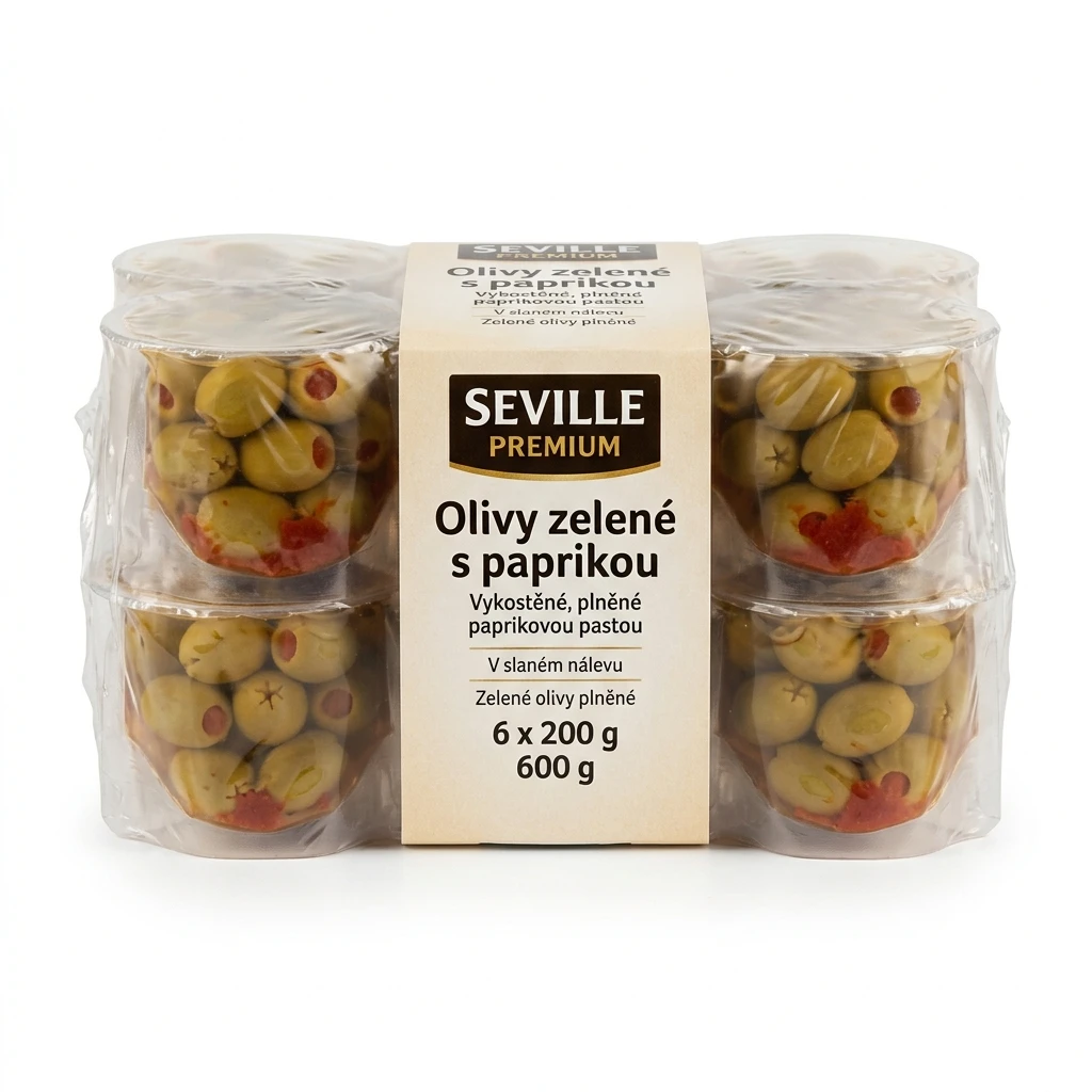 SEVILLE PREMIUM Olivy zelené s paprikou 6 x 200 g