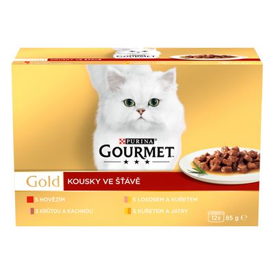 Gourmet Gold konzervy pro kočky hovězí, krůta a kachna, losos a kuře, kuře a játra ve šťávě 12 x 85 g