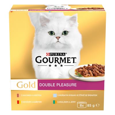 Gourmet Gold konzervy pro kočky hovězí a kuře, králík a játra, mořské ryby, kachna a krůta 8 x 85 g