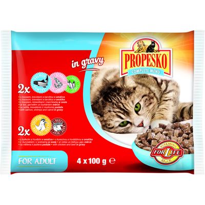 PROPESKO Kapsička masová pro kočky Losos + Králík/Kuře + Hovězí 4 x 100 g