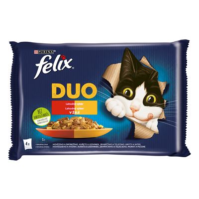 Felix Fantastic DUO kapsičky pro kočky kuře a ledvinky, hovězí a drůbeží, krůta a játra, jehněčí a telecí 4 x 85 g