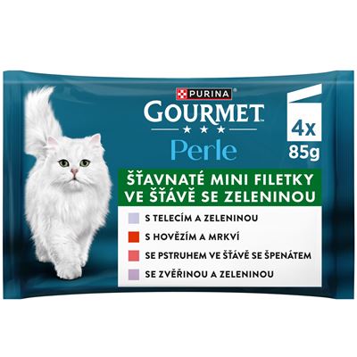 Gourmet Perle kapsičky pro kočky telecí, zvěřina, hovězí, pstruh ve šťávě 4 x 85 g