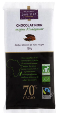 Monoprix Gourmet BIO Tmavá čokoláda z Madagaskaru Červené Ovoce 70%