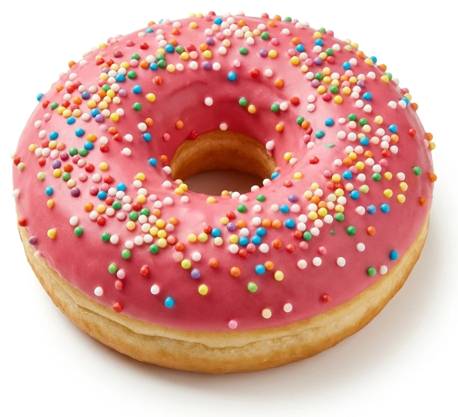 Donut s jahodovou příchutí a barevným posypem