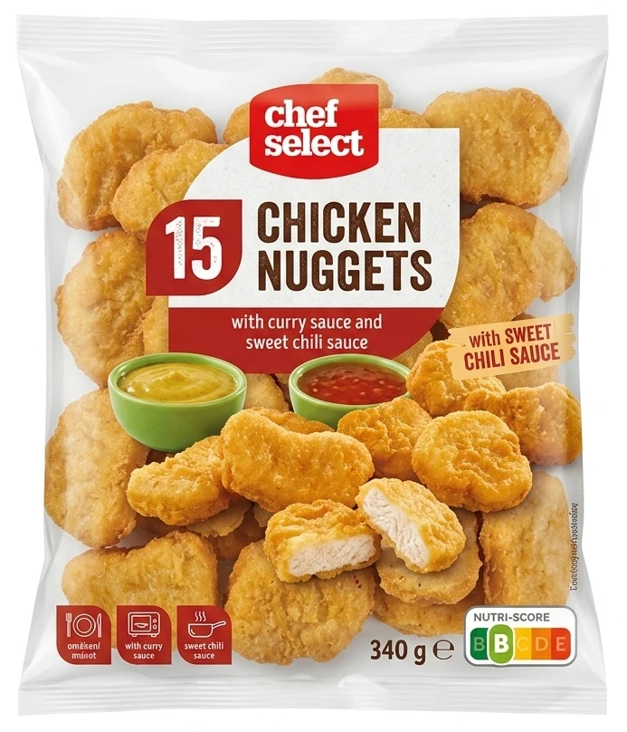 Chef Select Kuřecí nugetky z mletého masa se sladkou chilli a kari omáčkou kořeněné