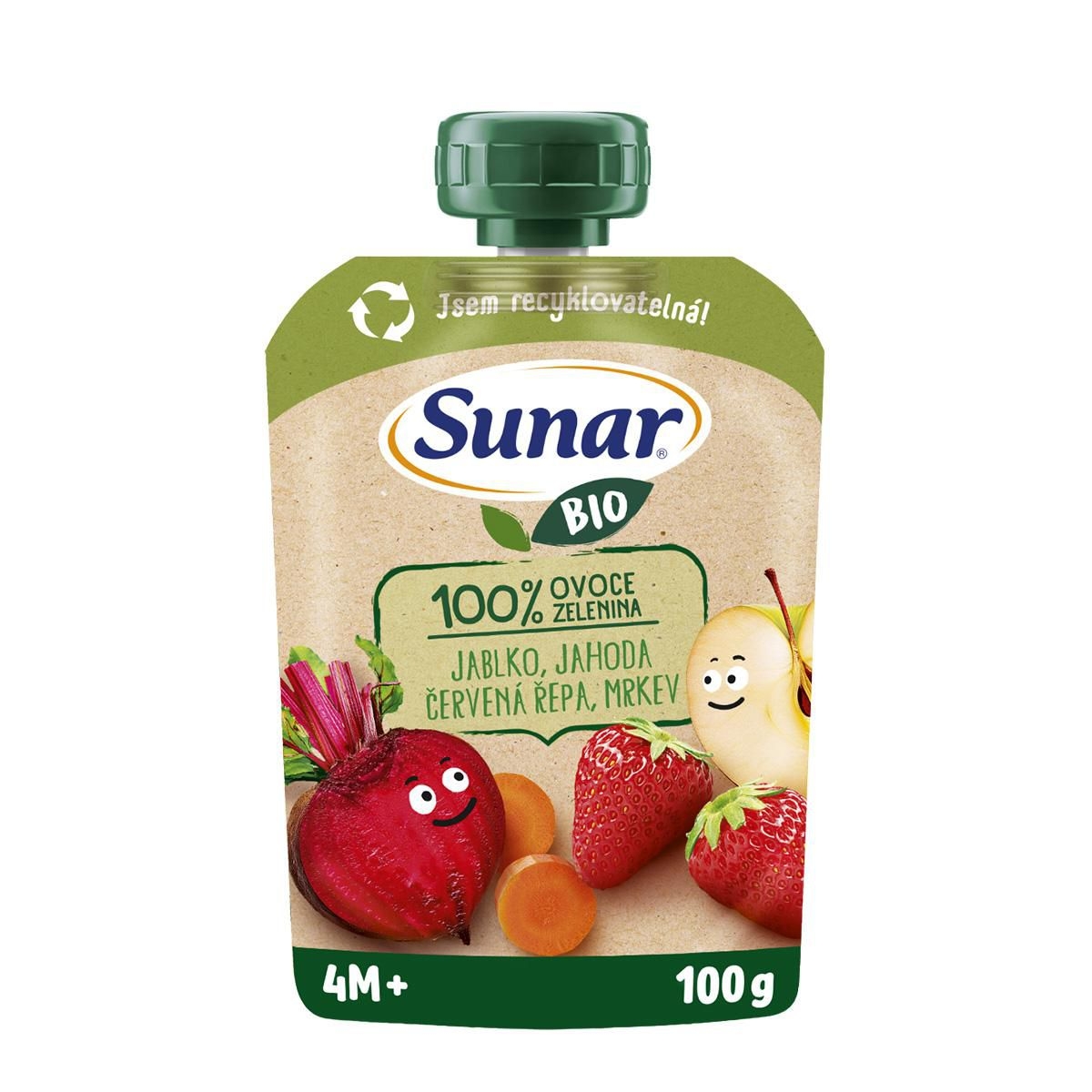 Sunar BIO ovocno-zeleninová kapsička jablko, jahoda, červená řepa, mrkev 4m+, 100g
