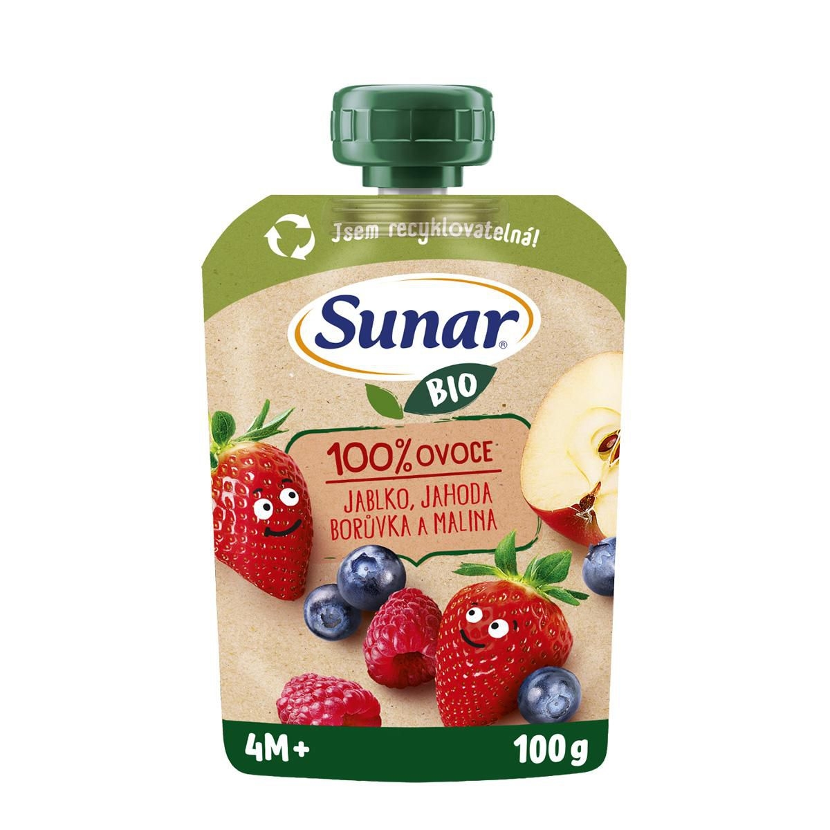 Sunar BIO ovocná kapsička Jablko jahoda borůvka malina 4m+, 100g